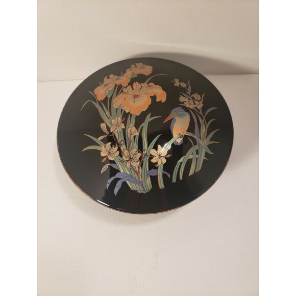 Black Gold Trinket Dish with Lid Made in Japan Flowers and Bird - Picture 1 of 5